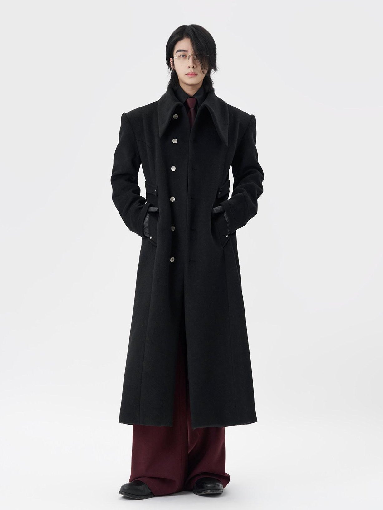 BALITONE Warm Non Iron Slim Metal Collar Youth Black Long Slanted Pockets Trench Coats