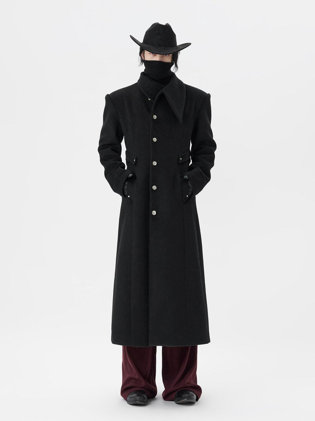 BALITONE Warm Non Iron Slim Metal Collar Youth Black Long Slanted Pockets Trench Coats