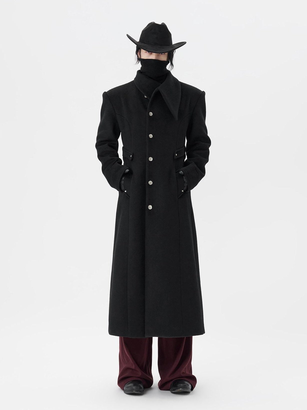 BALITONE Warm Non Iron Slim Metal Collar Youth Black Long Slanted Pockets Trench Coats