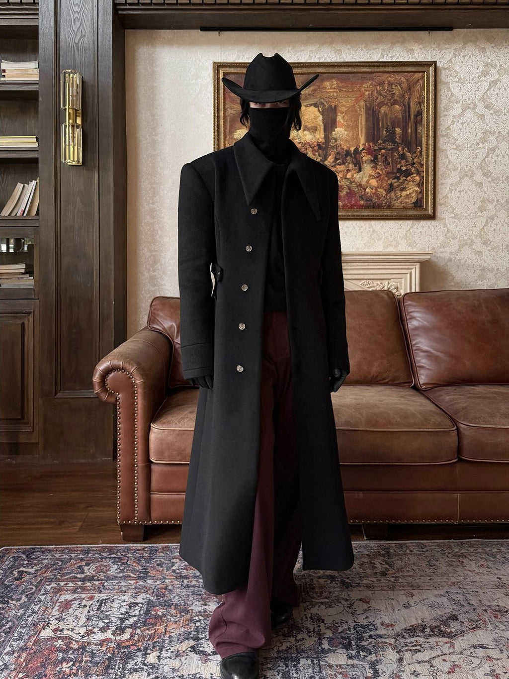 BALITONE Warm Non Iron Slim Metal Collar Youth Black Long Slanted Pockets Trench Coats