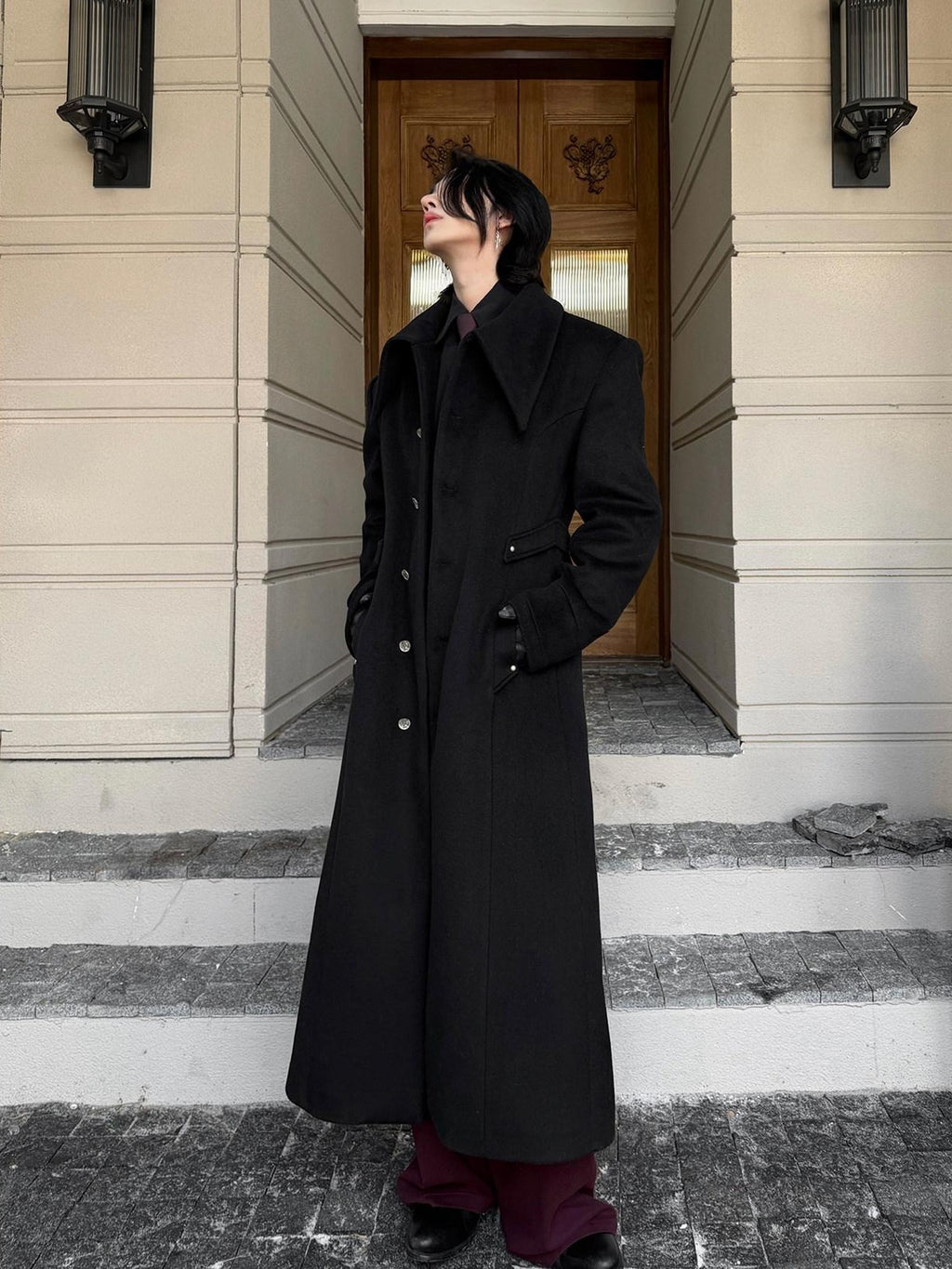 BALITONE Warm Non Iron Slim Metal Collar Youth Black Long Slanted Pockets Trench Coats