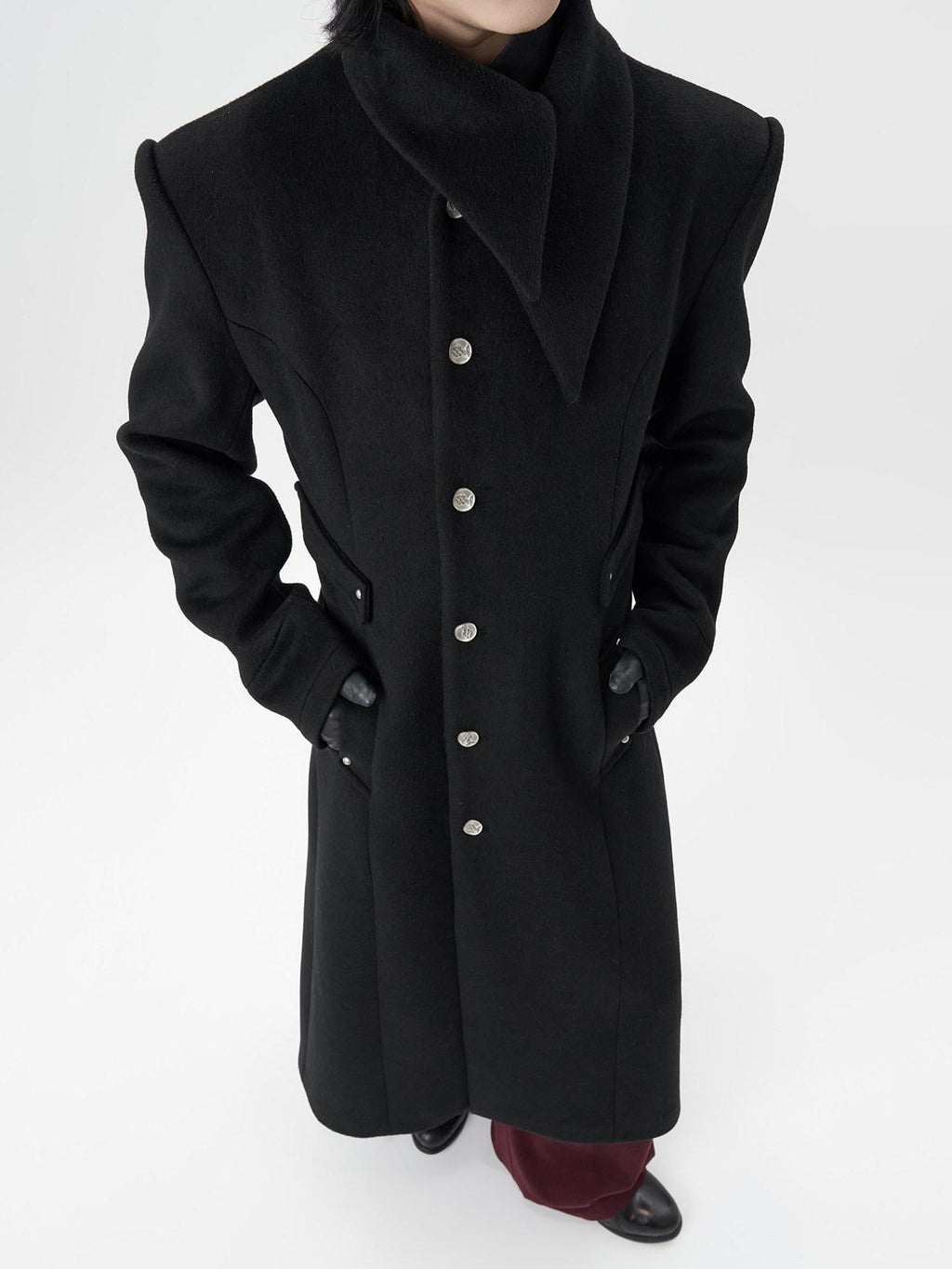BALITONE Warm Non Iron Slim Metal Collar Youth Black Long Slanted Pockets Trench Coats