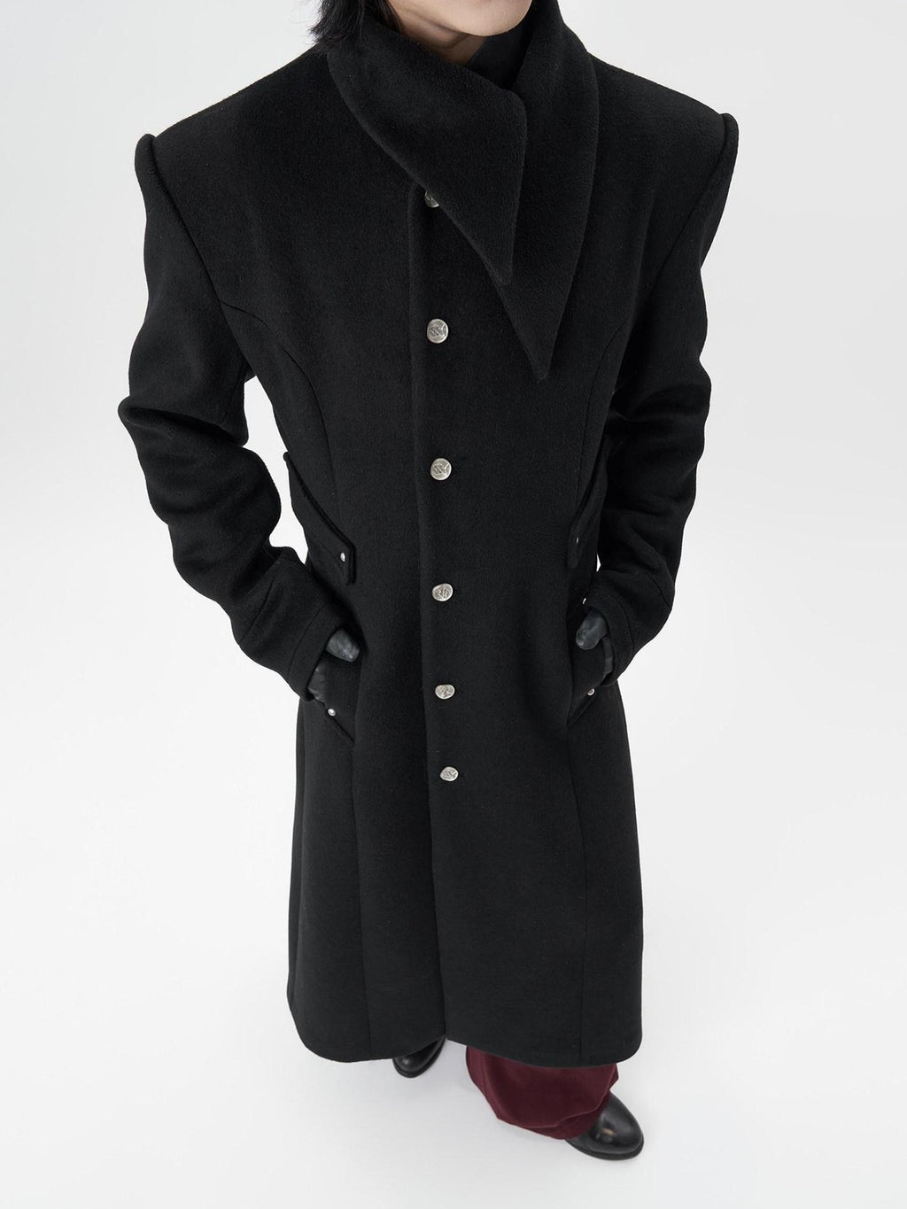 BALITONE Warm Non Iron Slim Metal Collar Youth Black Long Slanted Pockets Trench Coats