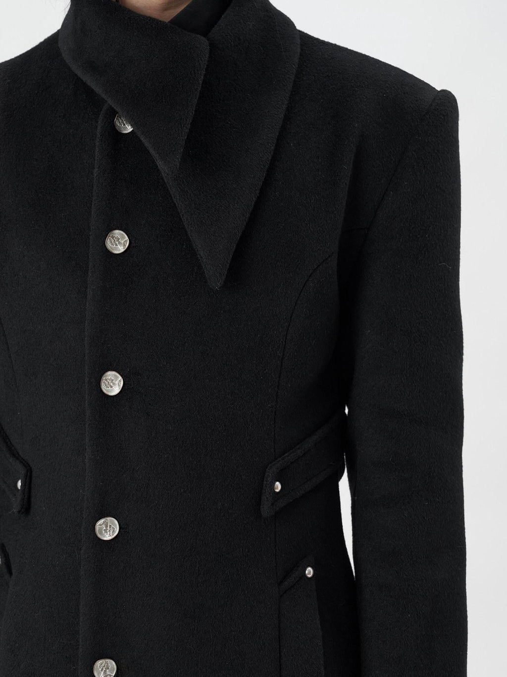 BALITONE Warm Non Iron Slim Metal Collar Youth Black Long Slanted Pockets Trench Coats