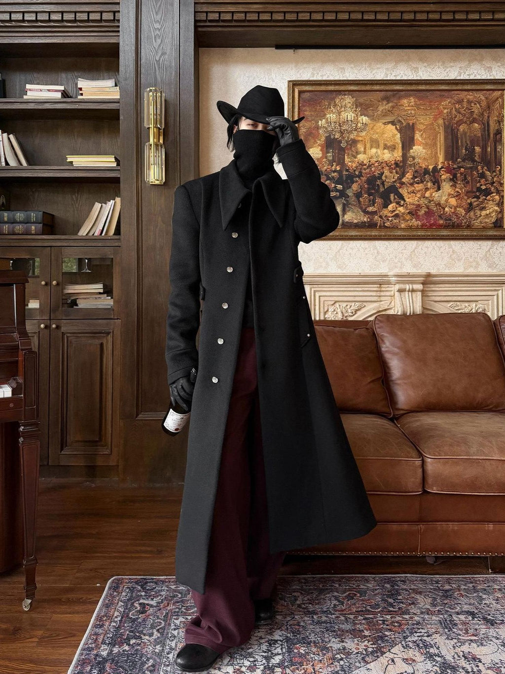 BALITONE Warm Non Iron Slim Metal Collar Youth Black Long Slanted Pockets Trench Coats