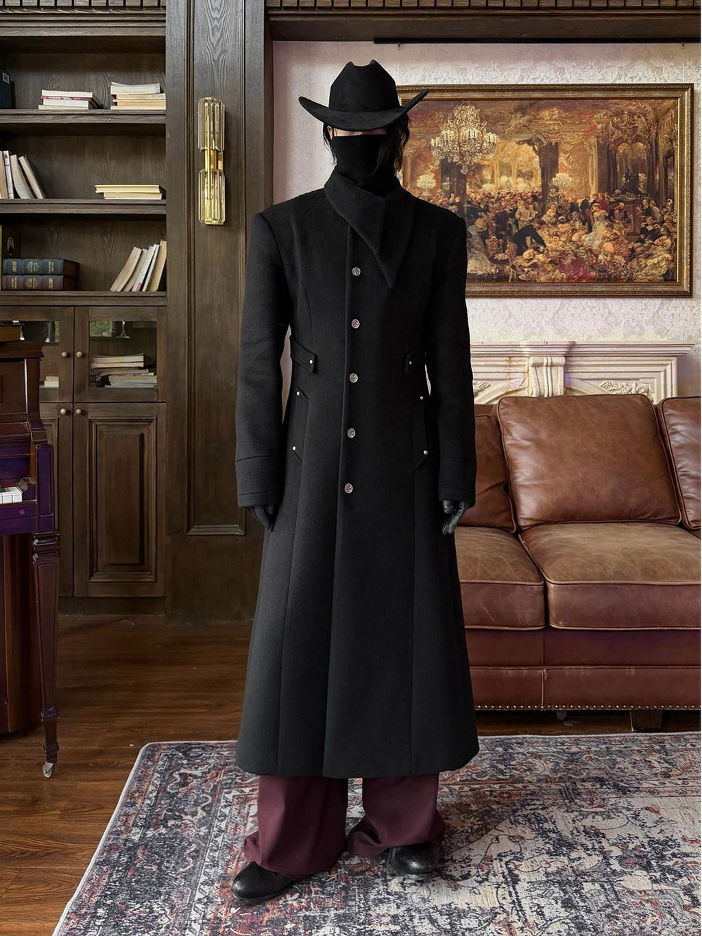 BALITONE Warm Non Iron Slim Metal Collar Youth Black Long Slanted Pockets Trench Coats