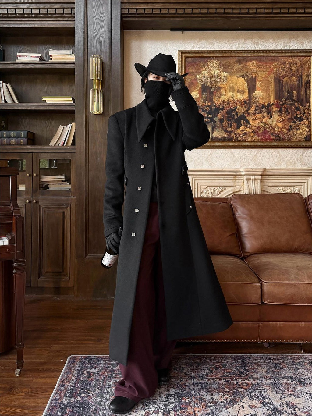 BALITONE Warm Non Iron Slim Metal Collar Youth Black Long Slanted Pockets Trench Coats