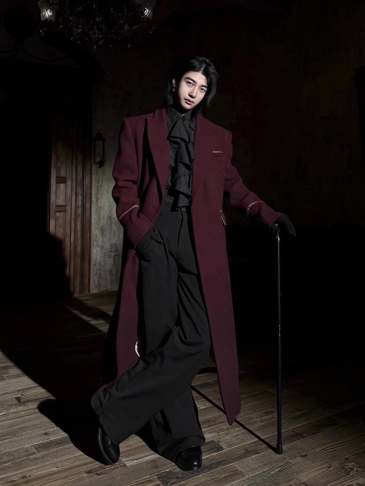 BALITONE Warm Noniron Oversized Longline Lapel Youth Urban Burgundy Solid Wool Blazers