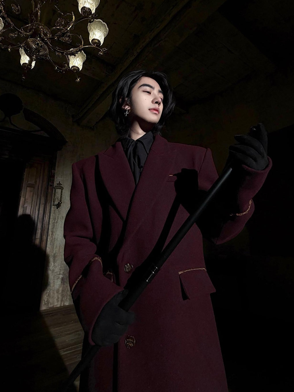 BALITONE Warm Noniron Oversized Longline Lapel Youth Urban Burgundy Solid Wool Blazers