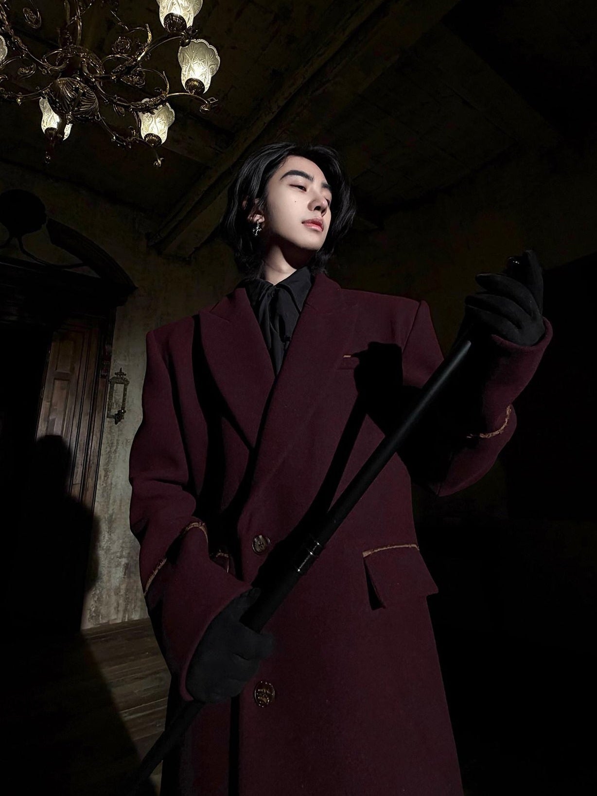 BALITONE Warm Noniron Oversized Longline Lapel Youth Urban Burgundy Solid Wool Blazers
