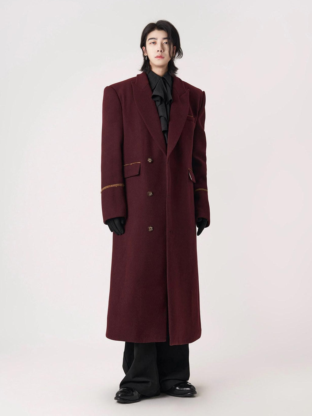 BALITONE Warm Noniron Oversized Longline Lapel Youth Urban Burgundy Solid Wool Blazers