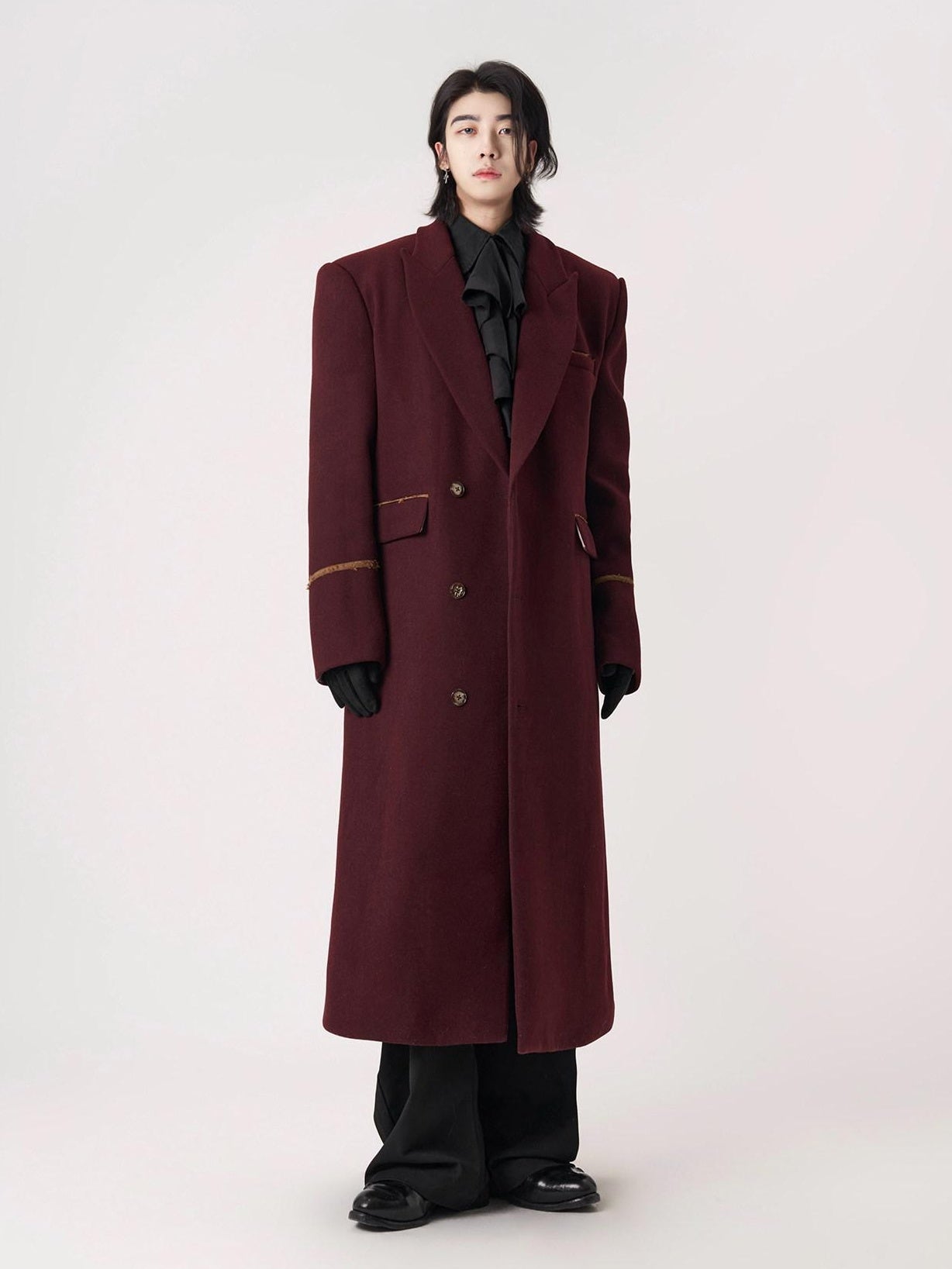 BALITONE Warm Noniron Oversized Longline Lapel Youth Urban Burgundy Solid Wool Blazers