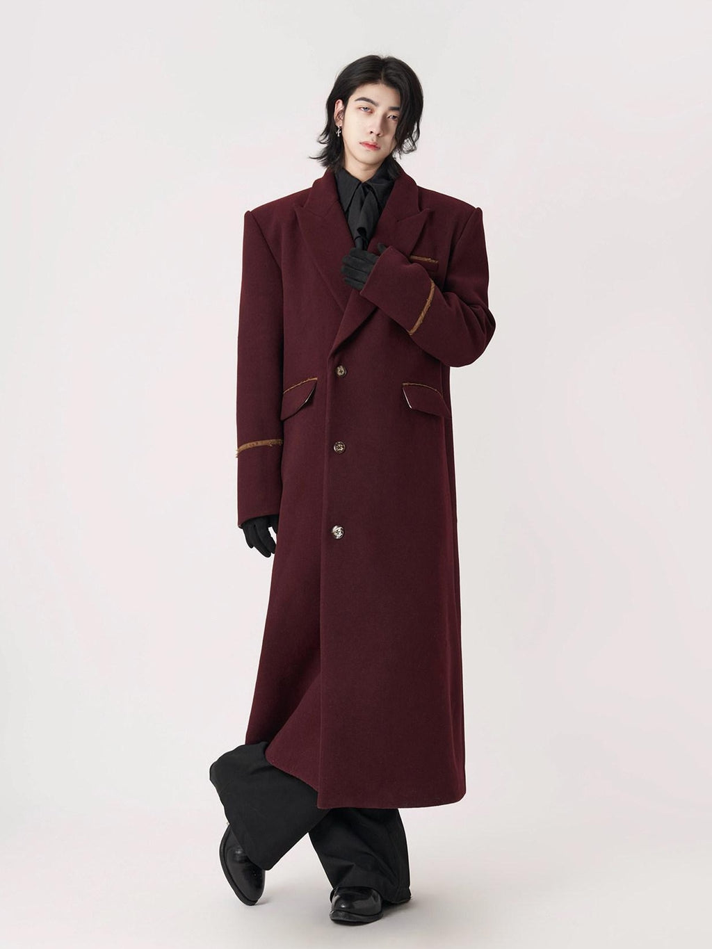 BALITONE Warm Noniron Oversized Longline Lapel Youth Urban Burgundy Solid Wool Blazers