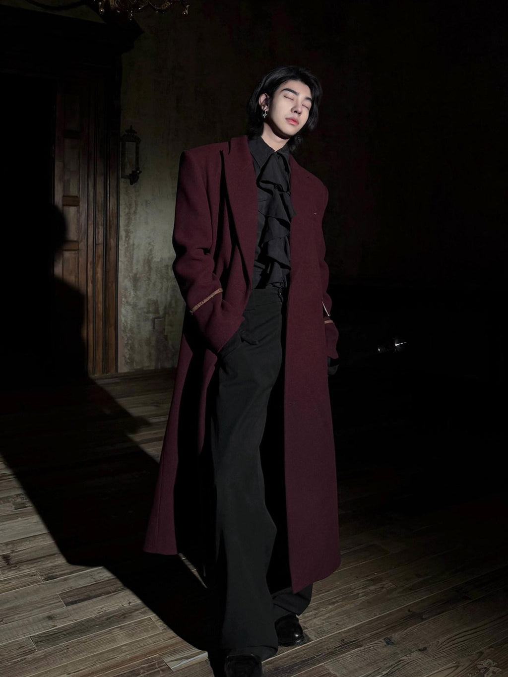 BALITONE Warm Noniron Oversized Longline Lapel Youth Urban Burgundy Solid Wool Blazers