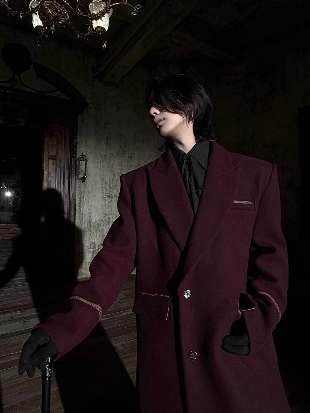 BALITONE Warm Noniron Oversized Longline Lapel Youth Urban Burgundy Solid Wool Blazers