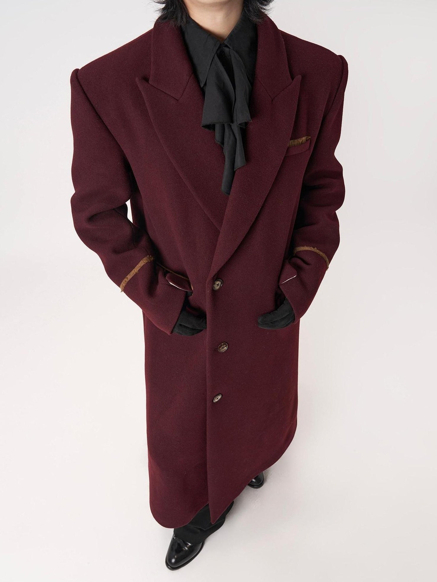 BALITONE Warm Noniron Oversized Longline Lapel Youth Urban Burgundy Solid Wool Blazers