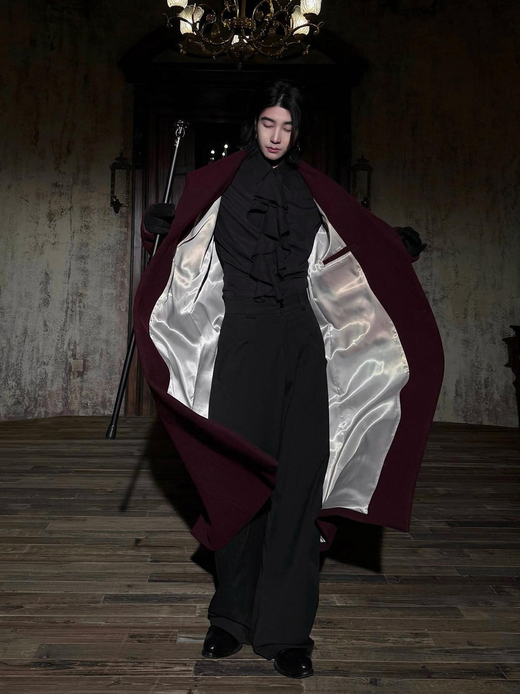 BALITONE Warm Noniron Oversized Longline Lapel Youth Urban Burgundy Solid Wool Blazers