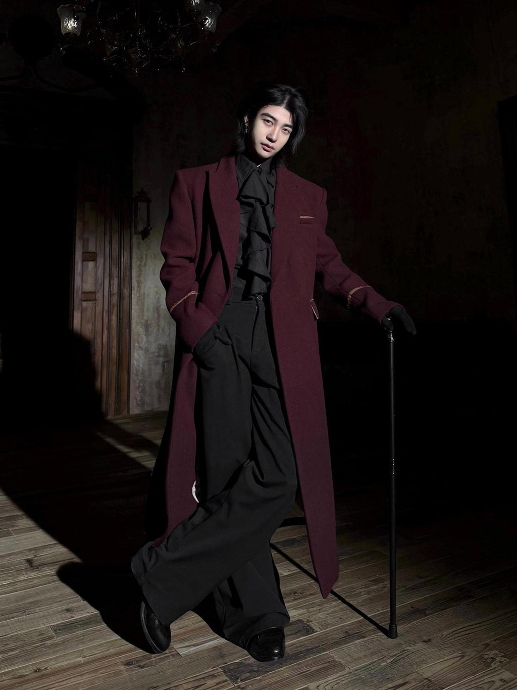 BALITONE Warm Noniron Oversized Longline Lapel Youth Urban Burgundy Solid Wool Blazers