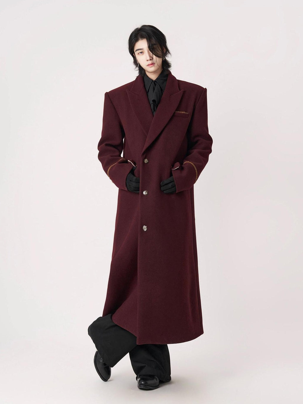 BALITONE Warm Noniron Oversized Longline Lapel Youth Urban Burgundy Solid Wool Blazers