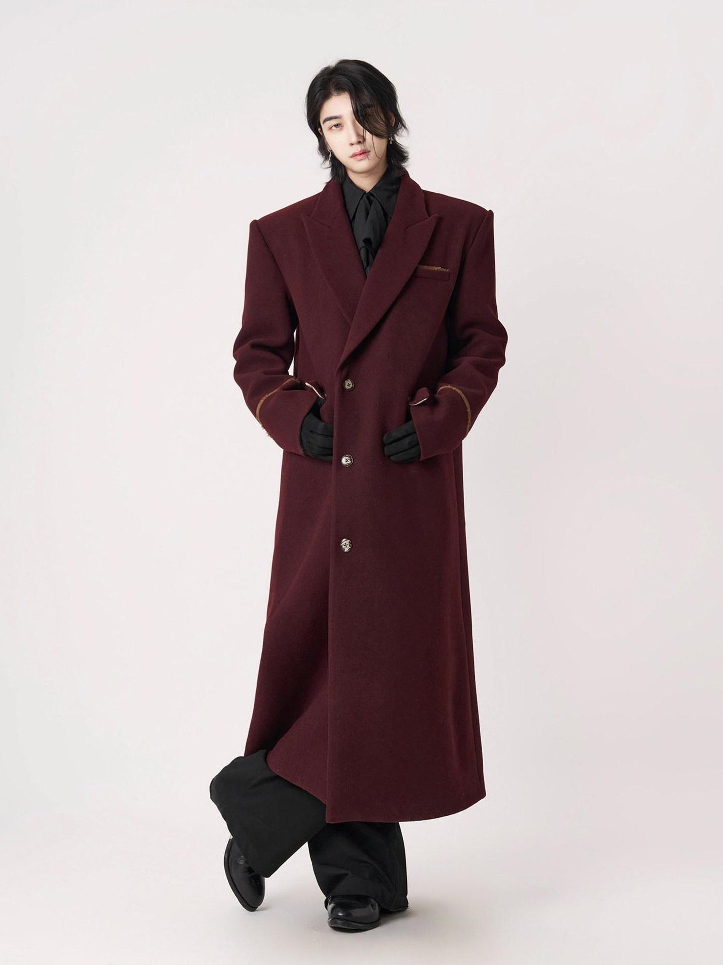 BALITONE Warm Noniron Oversized Longline Lapel Youth Urban Burgundy Solid Wool Blazers