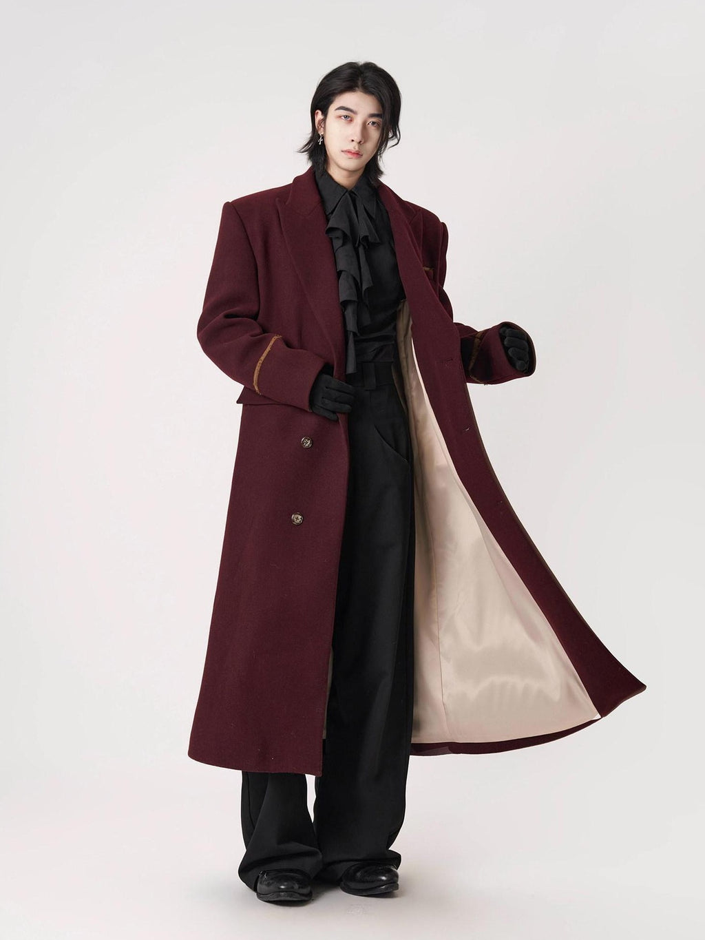 BALITONE Warm Noniron Oversized Longline Lapel Youth Urban Burgundy Solid Wool Blazers