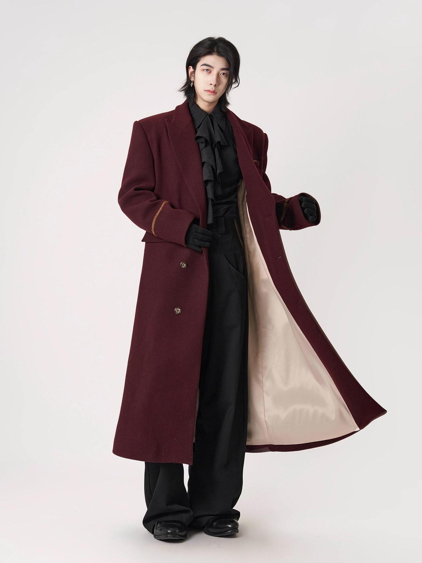 BALITONE Warm Noniron Oversized Longline Lapel Youth Urban Burgundy Solid Wool Blazers