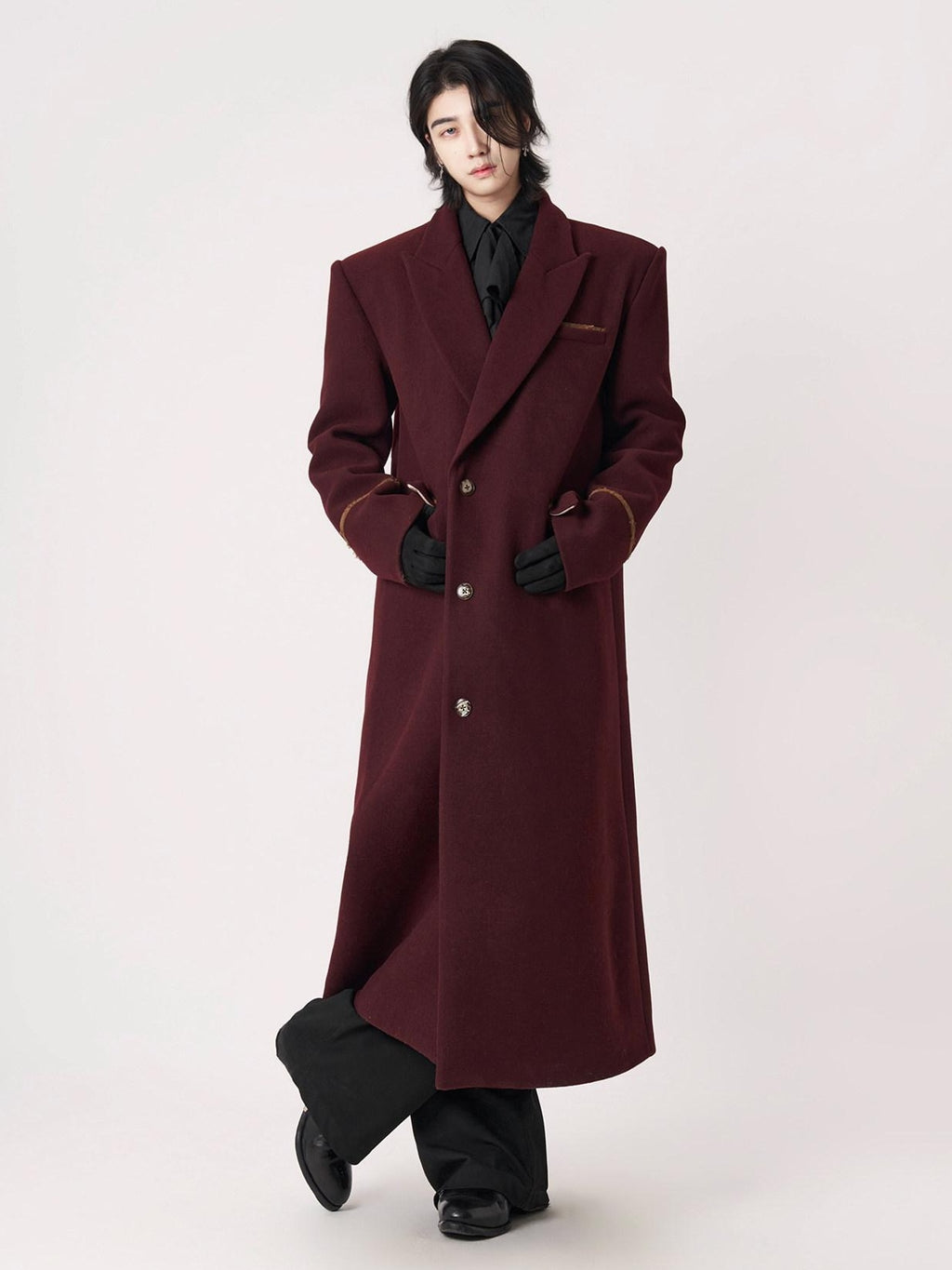 BALITONE Warm Noniron Oversized Longline Lapel Youth Urban Burgundy Solid Wool Blazers