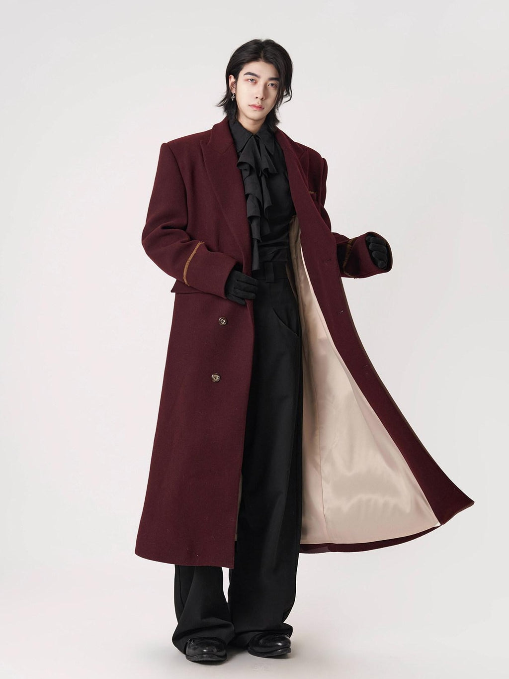 BALITONE Warm Noniron Oversized Longline Lapel Youth Urban Burgundy Solid Wool Blazers