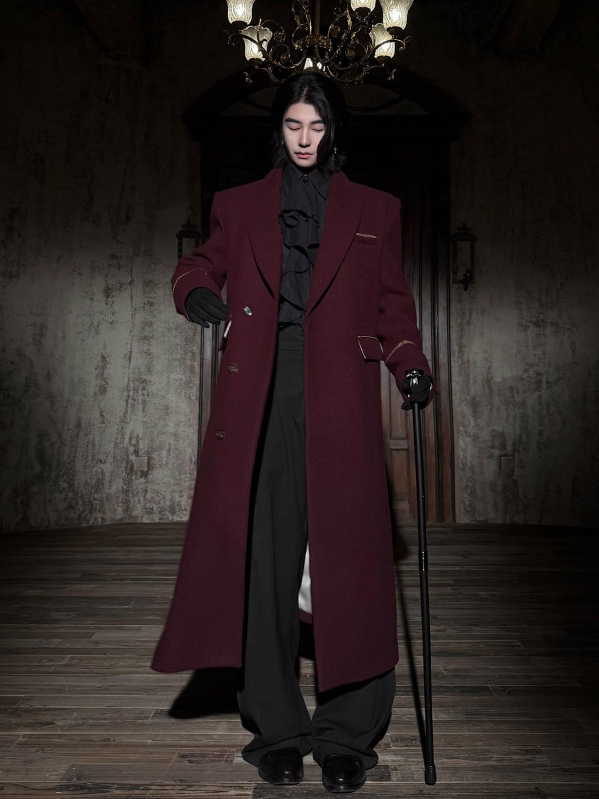 BALITONE Warm Noniron Oversized Longline Lapel Youth Urban Burgundy Solid Wool Blazers