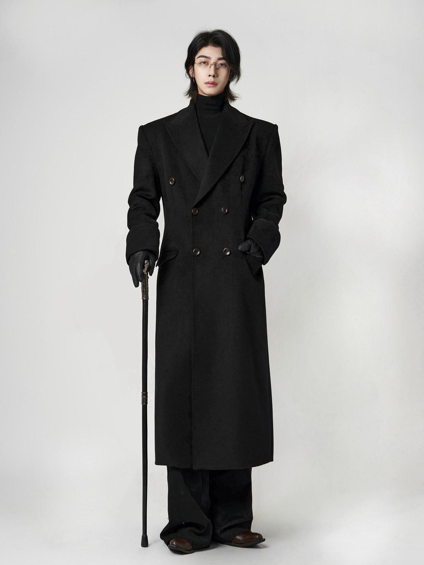 BALITONE Warm Noniron Relaxed Doublebreasted Long Flap Pocket Black Wool Blazers