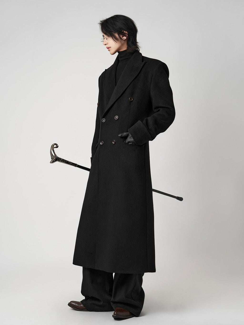 BALITONE Warm Noniron Relaxed Doublebreasted Long Flap Pocket Black Wool Blazers