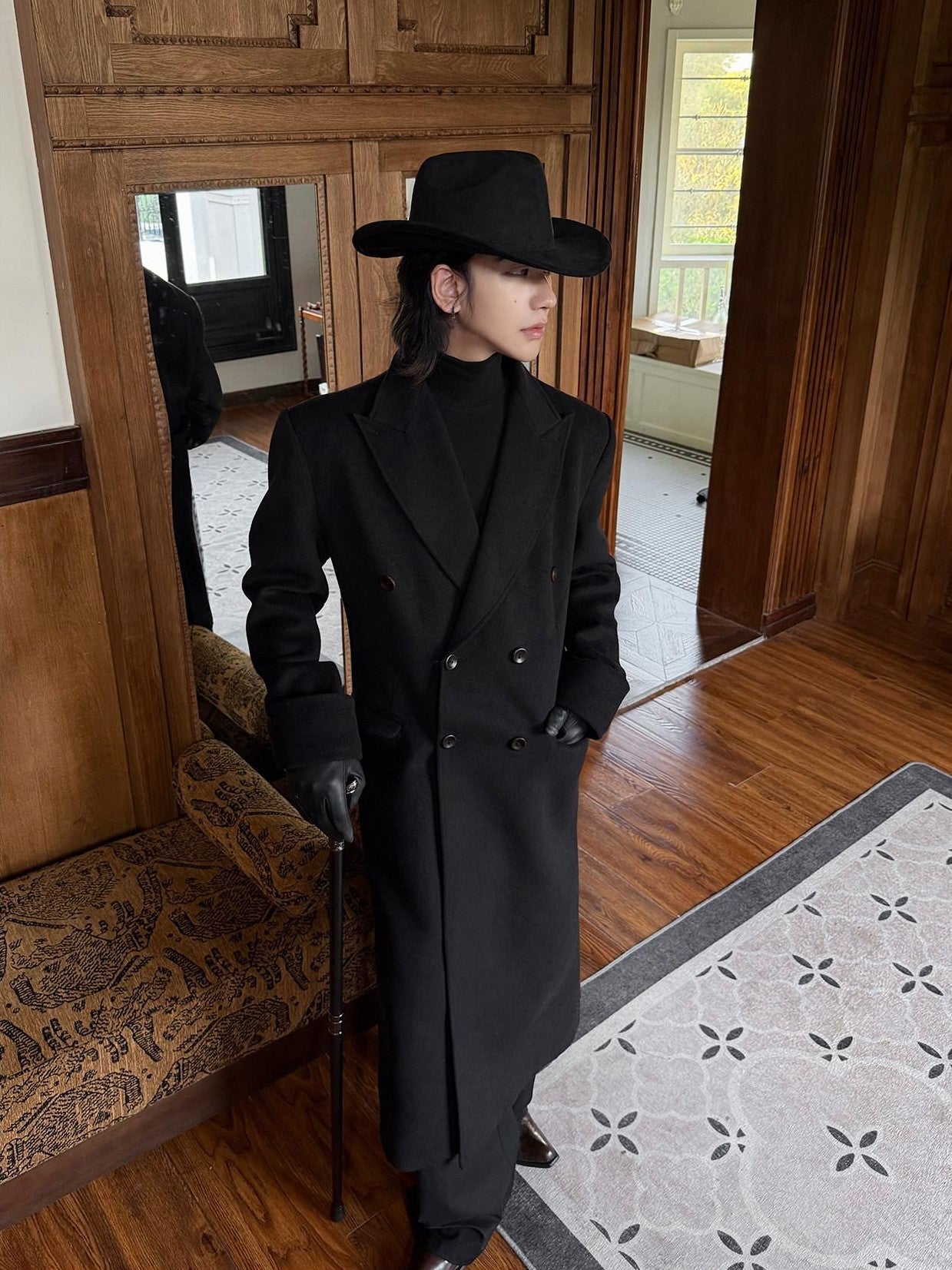 BALITONE Warm Noniron Relaxed Doublebreasted Long Flap Pocket Black Wool Blazers