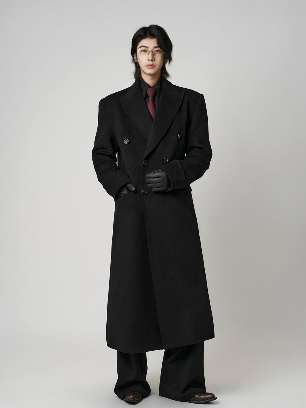 BALITONE Warm Noniron Relaxed Doublebreasted Long Flap Pocket Black Wool Blazers