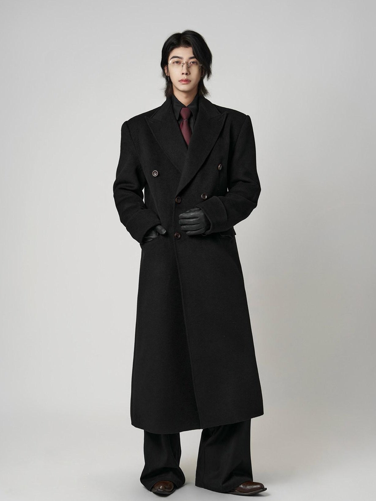 BALITONE Warm Noniron Relaxed Doublebreasted Long Flap Pocket Black Wool Blazers