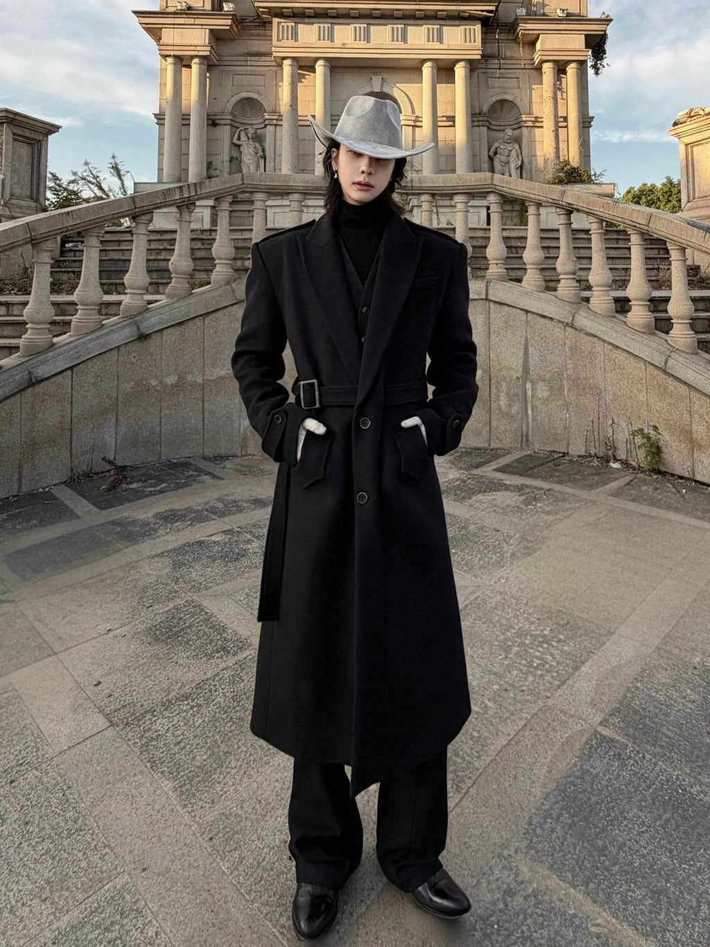 BALITONE Warm Wrinkle Free Long Loose Epaulet Lapel Youth Wool Blend Black Wool Coats