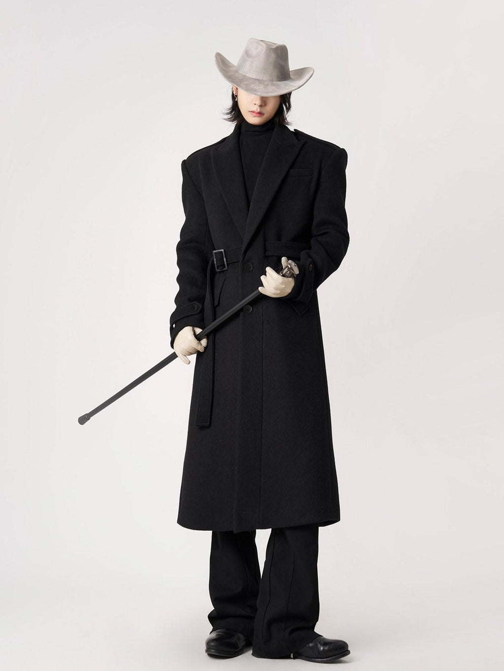 BALITONE Warm Wrinkle Free Long Loose Epaulet Lapel Youth Wool Blend Black Wool Coats