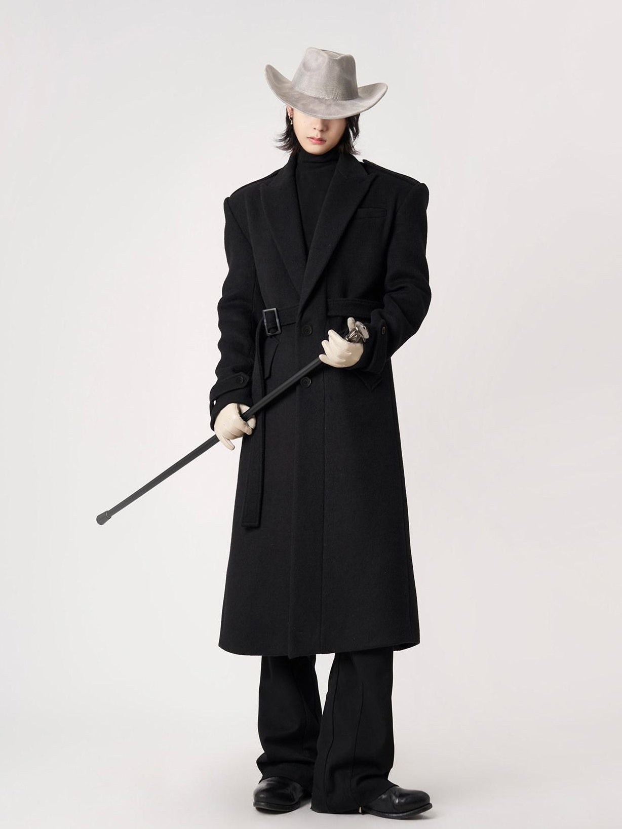 BALITONE Warm Wrinkle Free Long Loose Epaulet Lapel Youth Wool Blend Black Wool Coats