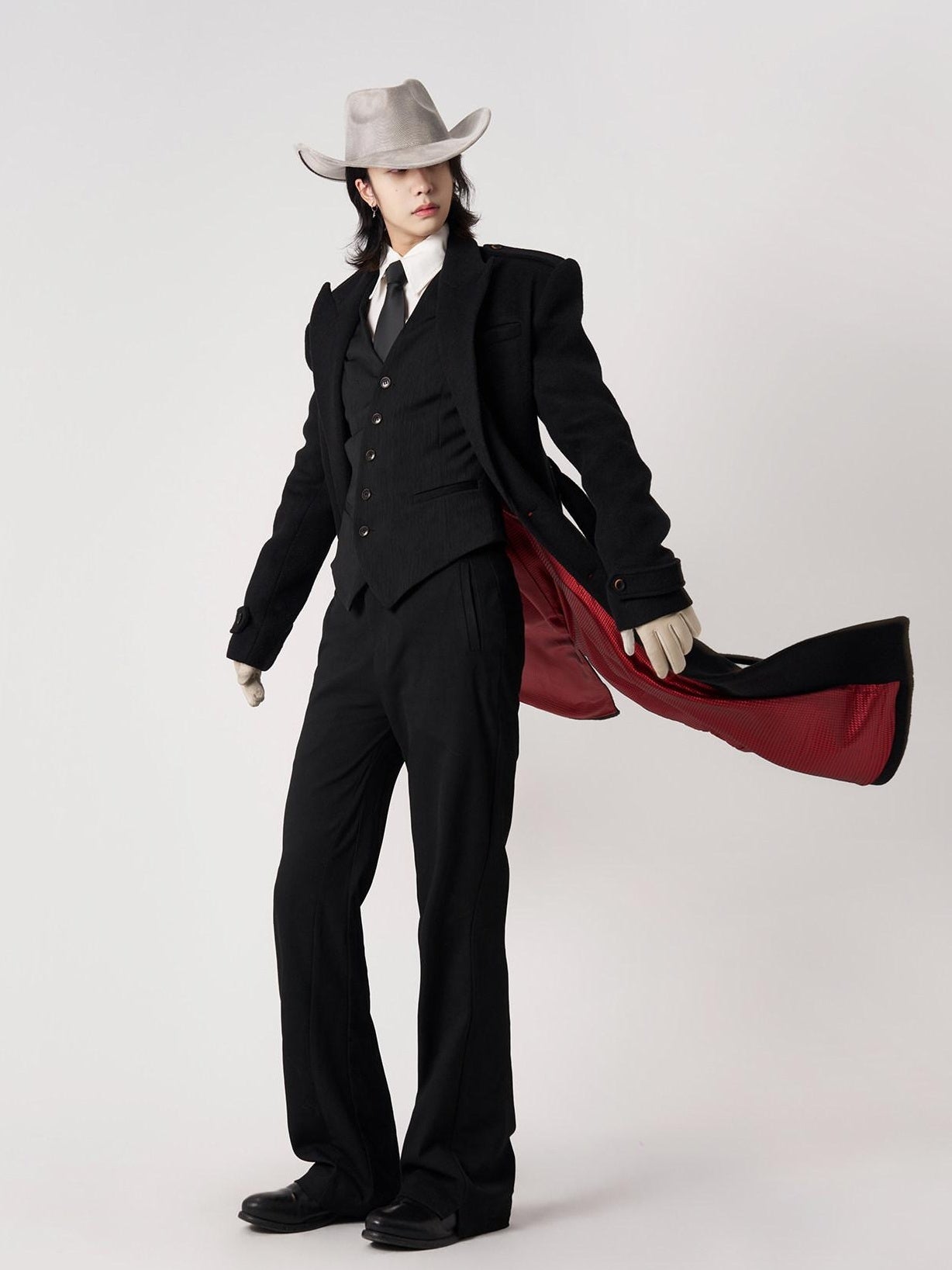 BALITONE Warm Wrinkle Free Long Loose Epaulet Lapel Youth Wool Blend Black Wool Coats