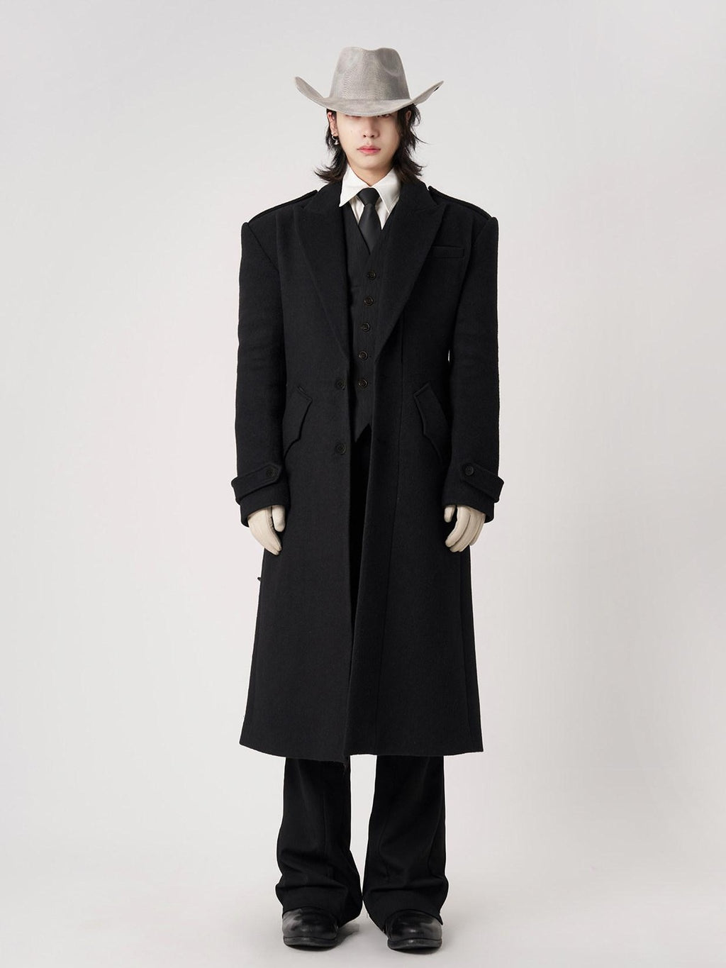 BALITONE Warm Wrinkle Free Long Loose Epaulet Lapel Youth Wool Blend Black Wool Coats