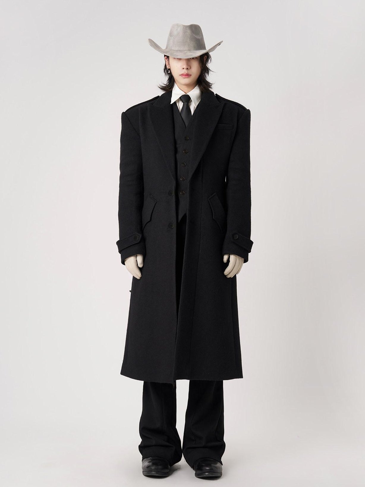 BALITONE Warm Wrinkle Free Long Loose Epaulet Lapel Youth Wool Blend Black Wool Coats