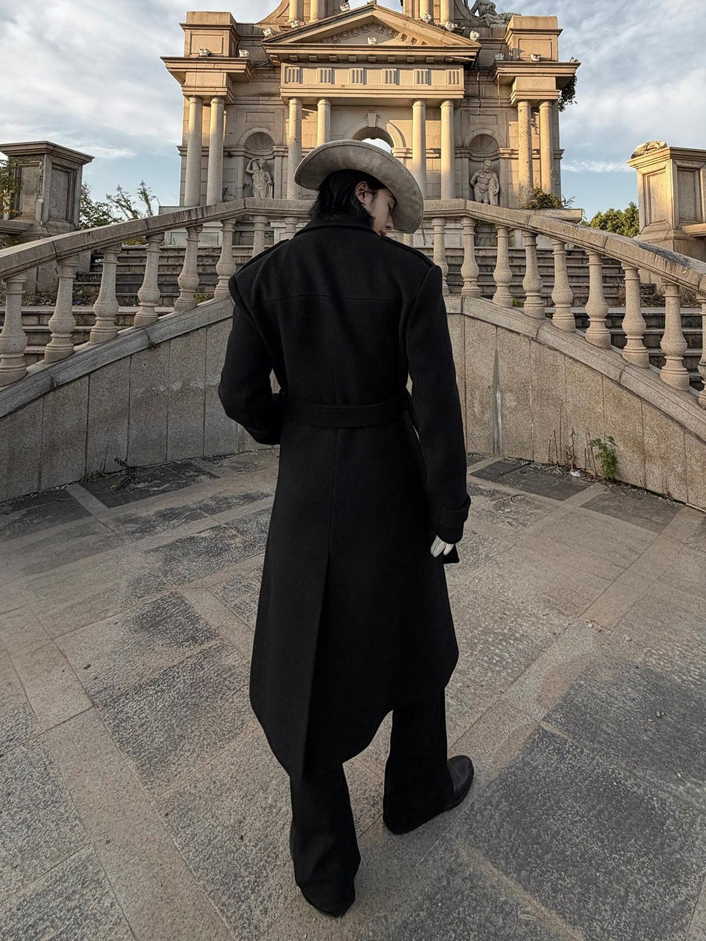 BALITONE Warm Wrinkle Free Long Loose Epaulet Lapel Youth Wool Blend Black Wool Coats