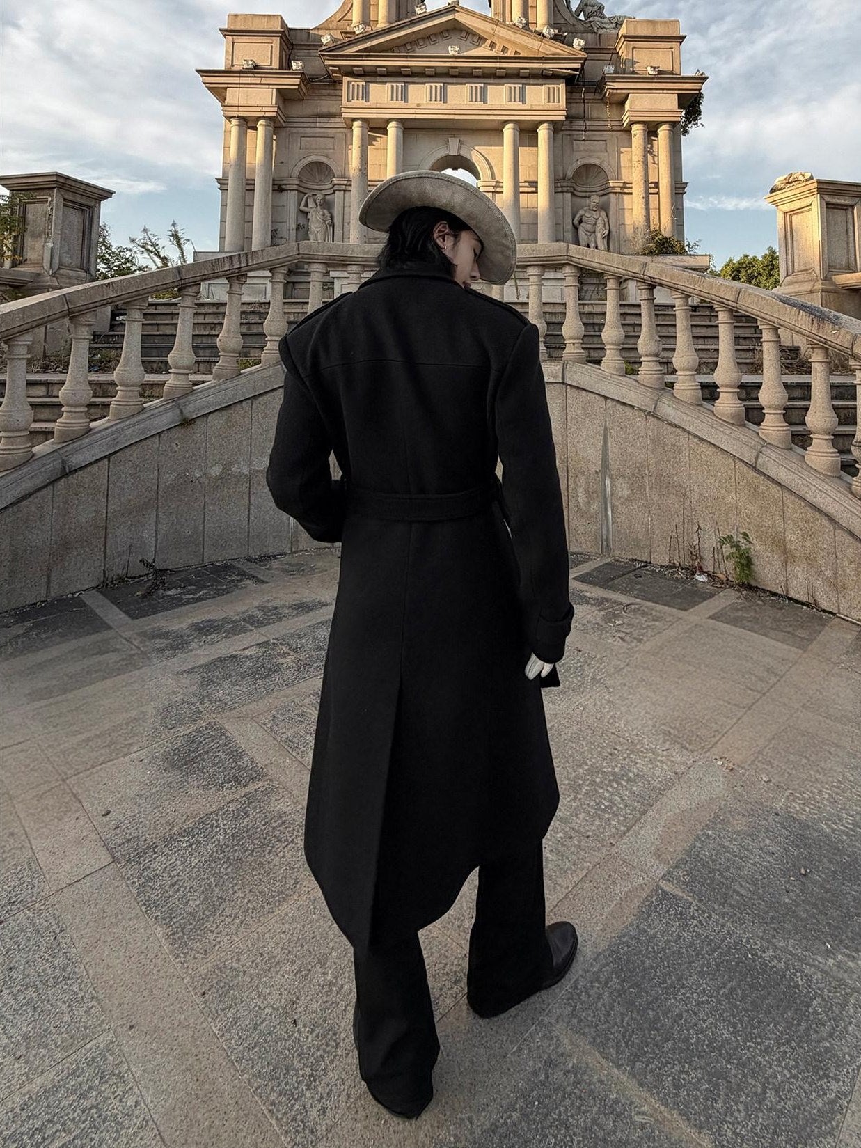 BALITONE Warm Wrinkle Free Long Loose Epaulet Lapel Youth Wool Blend Black Wool Coats