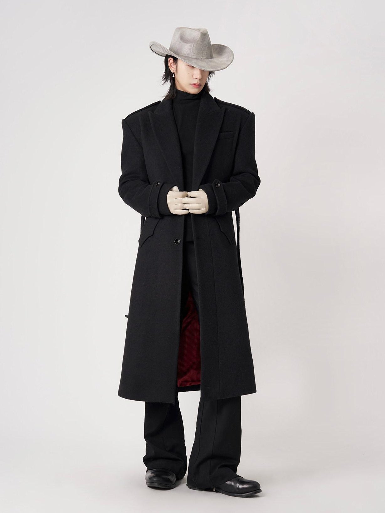 BALITONE Warm Wrinkle Free Long Loose Epaulet Lapel Youth Wool Blend Black Wool Coats