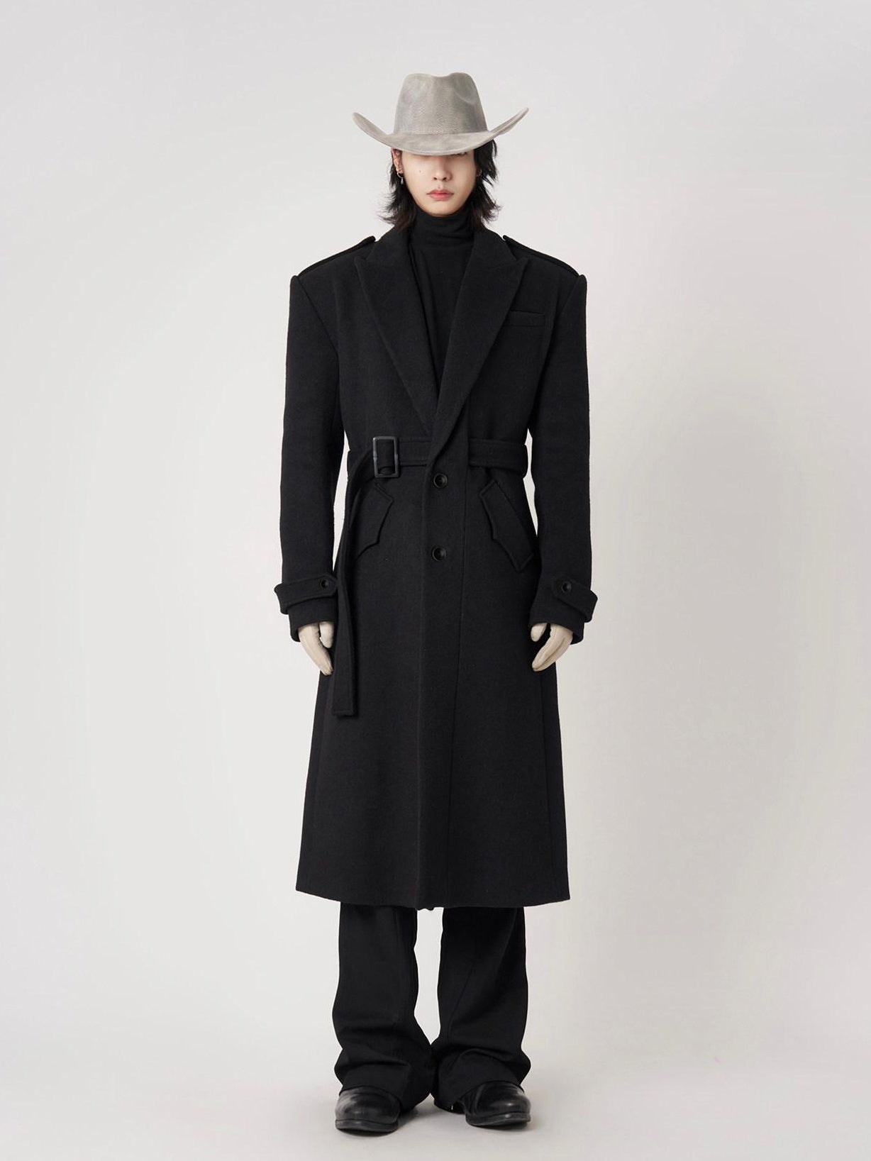 BALITONE Warm Wrinkle Free Long Loose Epaulet Lapel Youth Wool Blend Black Wool Coats
