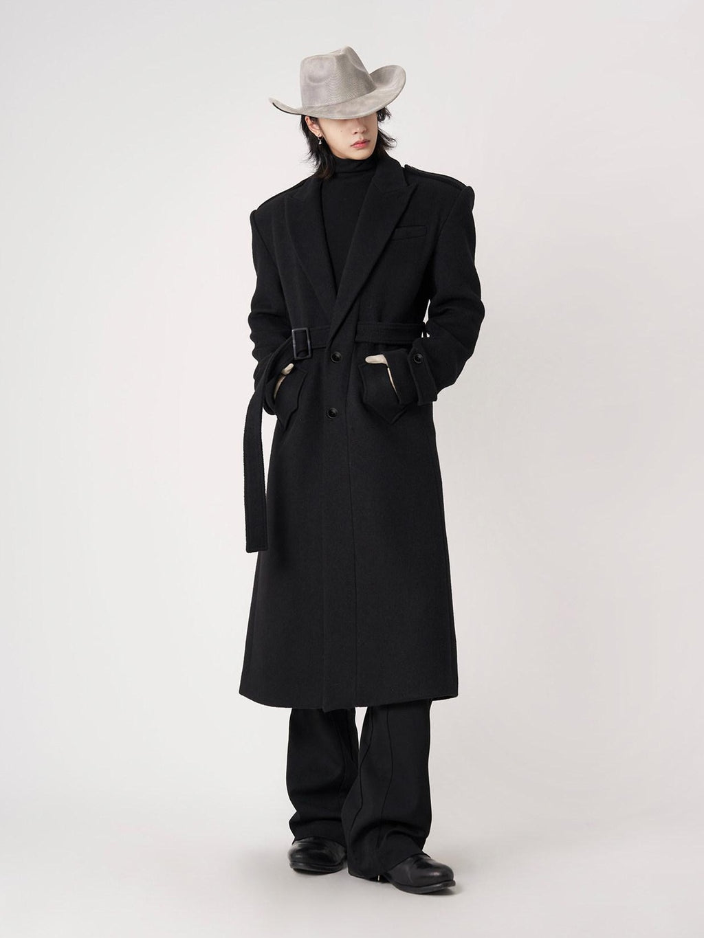 BALITONE Warm Wrinkle Free Long Loose Epaulet Lapel Youth Wool Blend Black Wool Coats