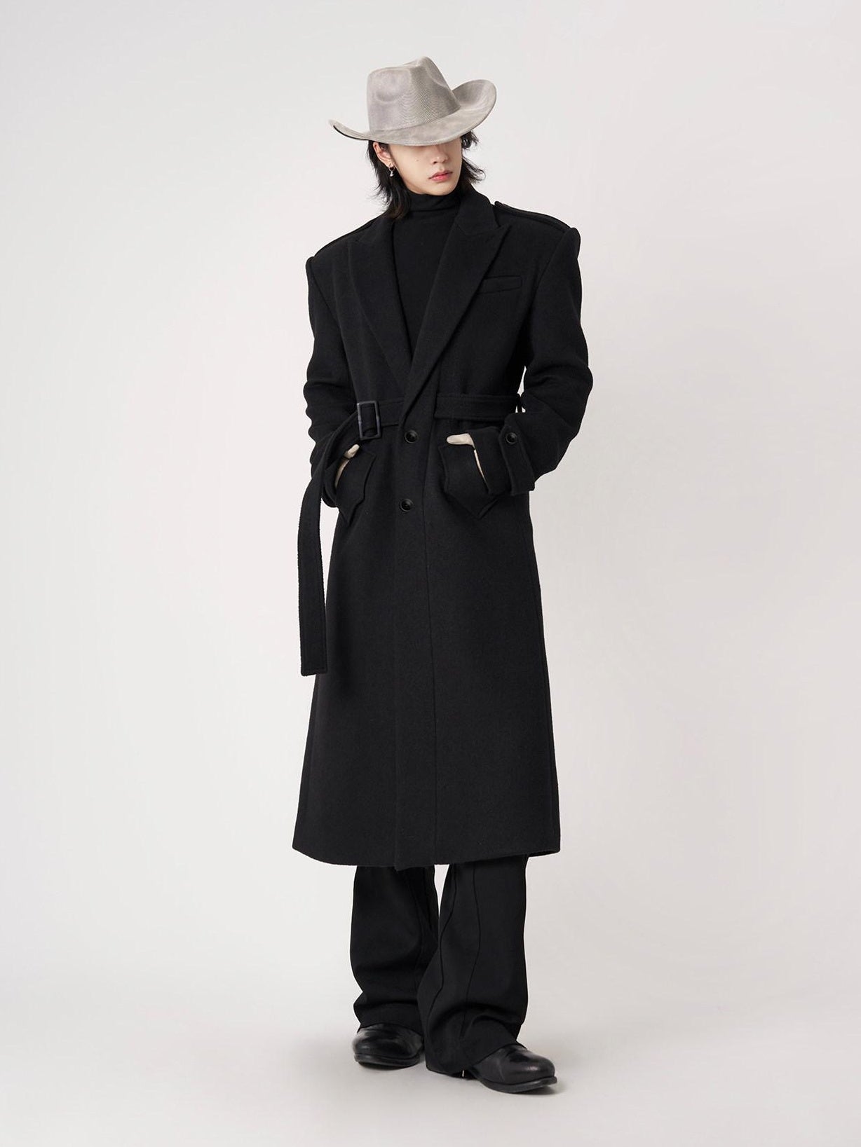 BALITONE Warm Wrinkle Free Long Loose Epaulet Lapel Youth Wool Blend Black Wool Coats