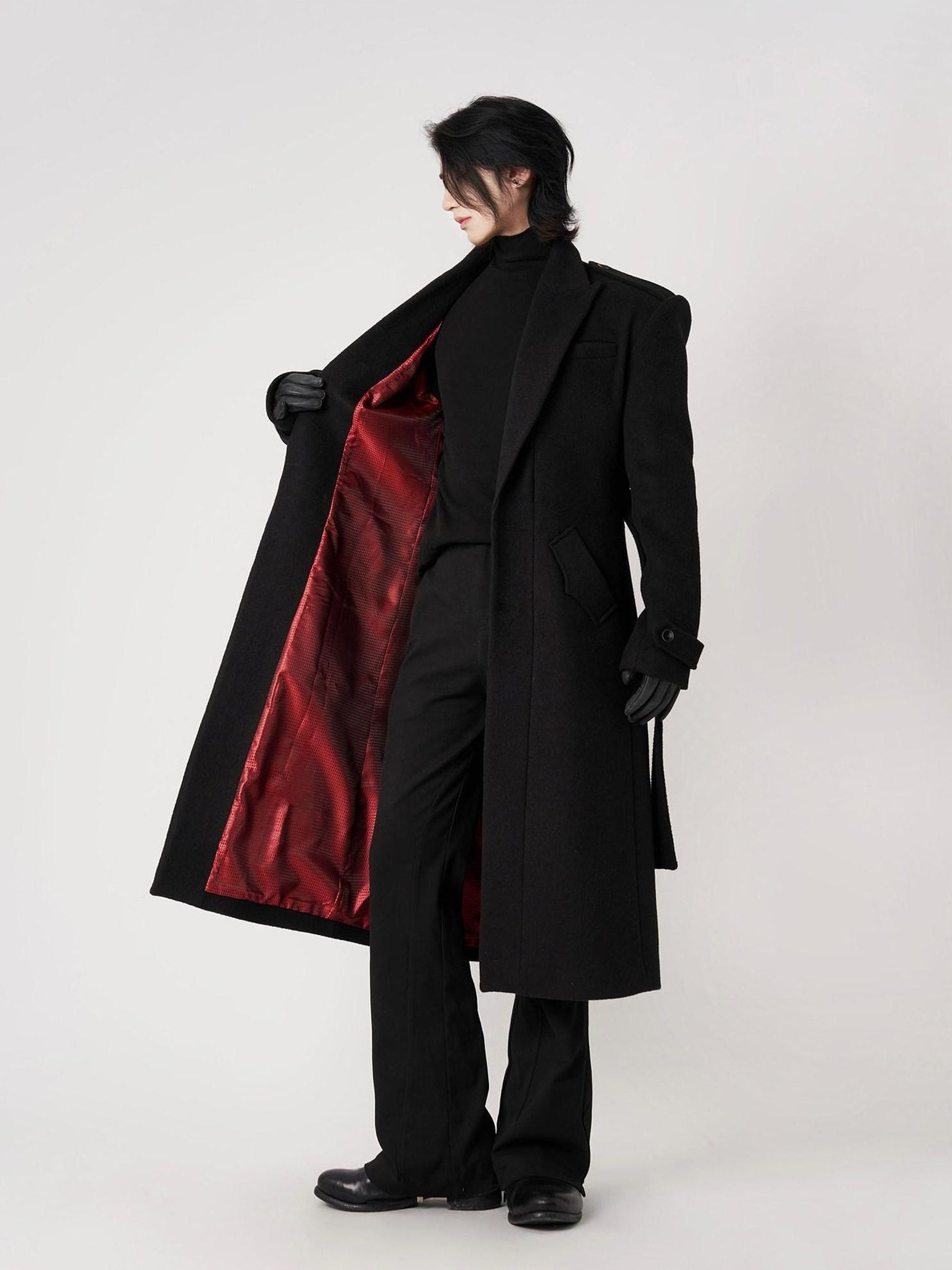 BALITONE Warm Wrinkle Free Long Loose Epaulet Lapel Youth Wool Blend Black Wool Coats