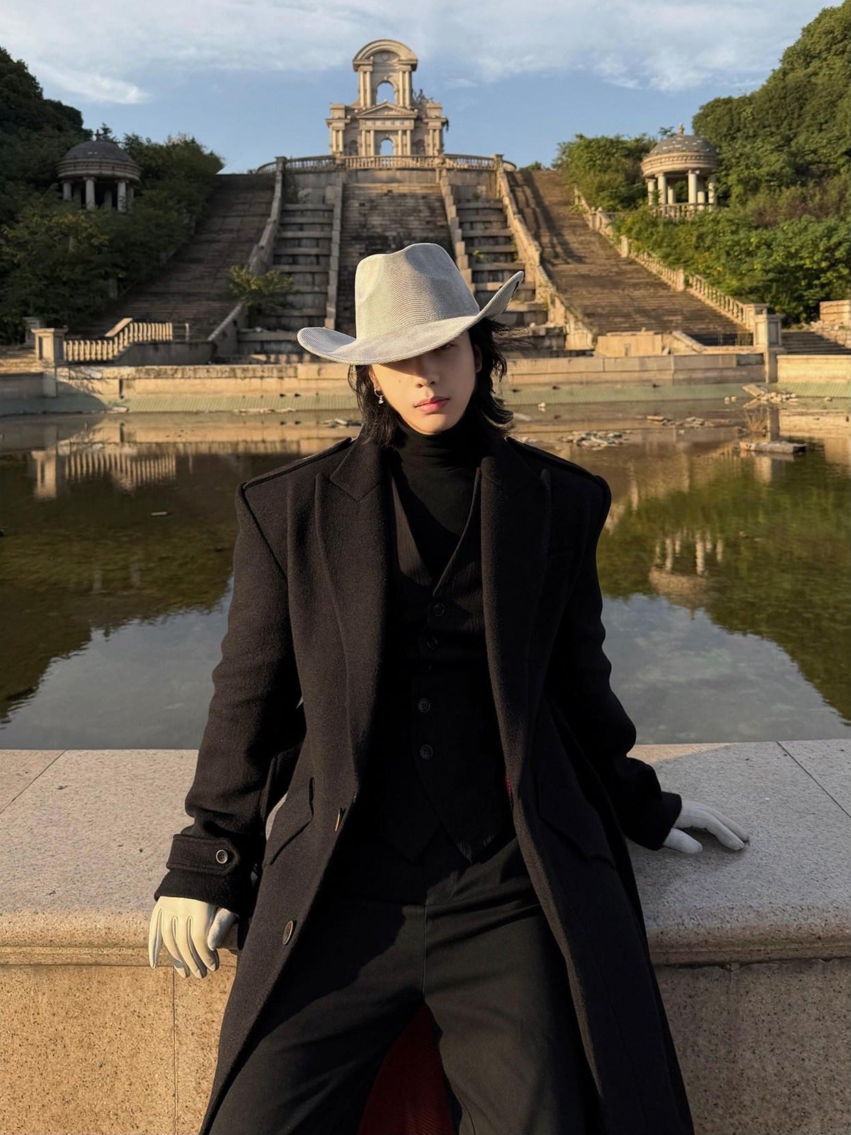 BALITONE Warm Wrinkle Free Long Loose Epaulet Lapel Youth Wool Blend Black Wool Coats