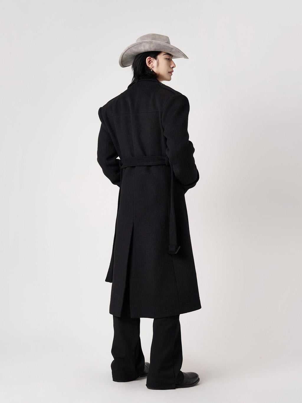 BALITONE Warm Wrinkle Free Long Loose Epaulet Lapel Youth Wool Blend Black Wool Coats