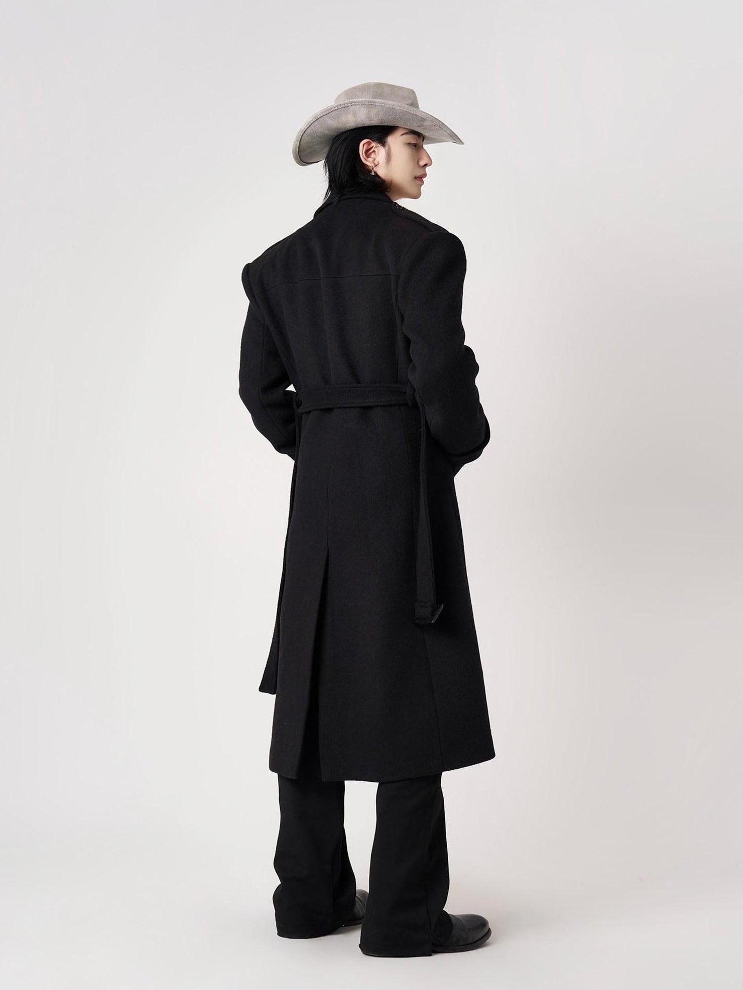 BALITONE Warm Wrinkle Free Long Loose Epaulet Lapel Youth Wool Blend Black Wool Coats
